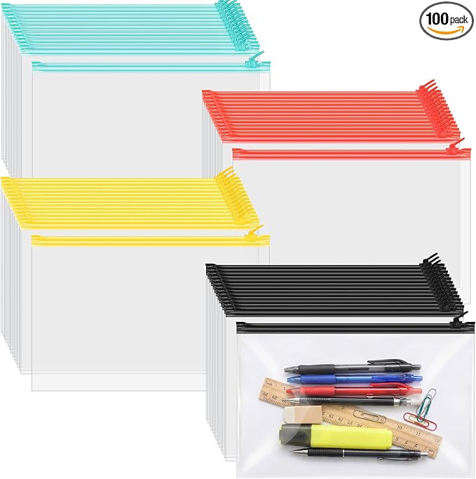 ReliThick 100 Pack Zipper Pouches Bags Bulk 10x6.7 Inches Pencil Pouches Case Waterproof Small Zipper Bags for Travel Cosmetics Office Supplies Storage(Black, Red, Yellow, Green)