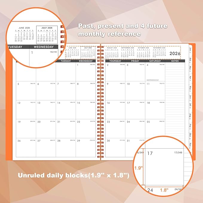Monthly Planner 2026-2027 - JUL 2026 - DEC 2027, Monthly Calendar 2026-2027, 18 Month Planners with Tabs & Pocket & Label, Contacts and Passwords, 9" x 11", Thick Paper, Twin-Wire Binding - Orange