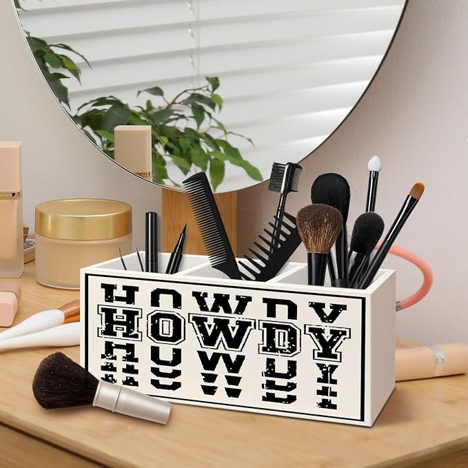 Western Office Decor Wooden Pen Pencil Holder for Desk Accessories, Western Gifts for Women Men, Retro Howdy Makeup Brush Toothbrush Holder Organizer for Vanity Bathroom