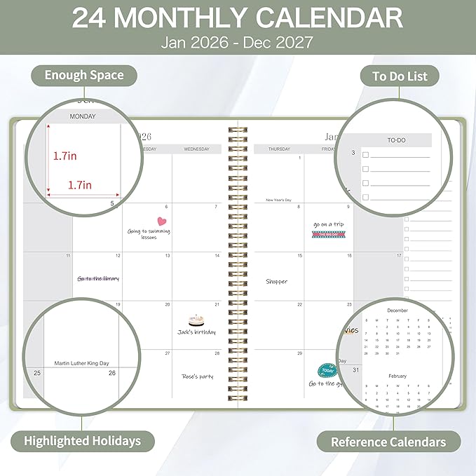 2026-2027 Monthly Planner - 2 Year Monthly Planner 2026-2027, Jan 2026 - Dec 2027, 7" x 9", 2 Year Calendar with 24 Month, Twin-wire Binding, Note Pages, Green