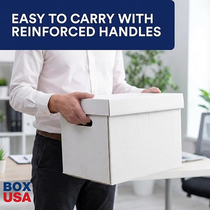 BOX USA Boxes with Lids and Handles (12-Pack) - File Storage Boxes for Office Supplies, Book Storage, Moving, and Packaging