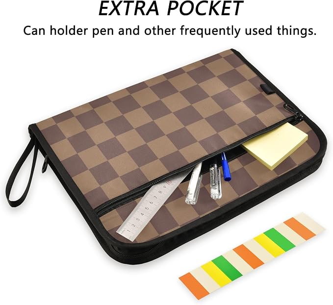 Expanding File Folder Brown Checkerboard Accordion File Organizer 13 Pockets Document Organizer with Zipper Labels A4 Letter Office Storage