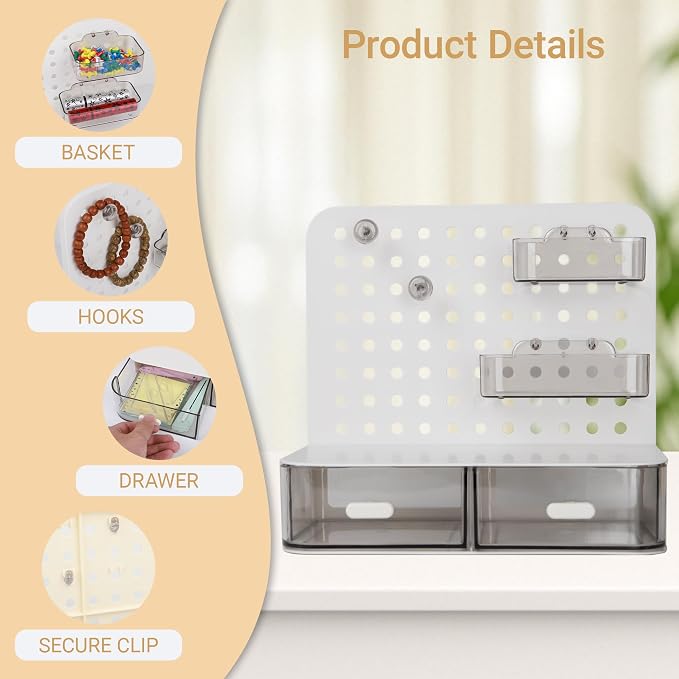 Pegboard Desk Organizer with Drawers and Hooks 2-Pack - Yellow and White Storage Box for Office, Study Room, Dorm, Craft Room & Vanity | Multifunctional Small Space Solution