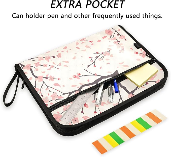 Expanding File Folder Cherry Blossom Flower Pattern Accordion File Organizer 13 Pockets Document Organizer with Zipper Labels A4 Letter Office Storage