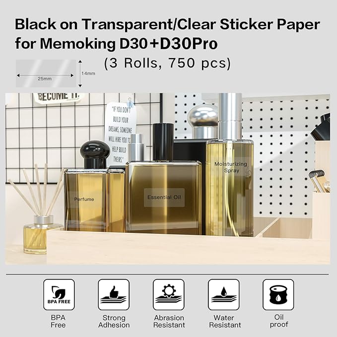 D30 Clear Thermal Label - Label Maker Paper Transparent Label Thermal Printer Paper Self-Adhesive 14x25mm/0.55x0.98in for Name Price Storage, Compatible with Memoking/Phomemo D30 Label Maker, 3 Rolls