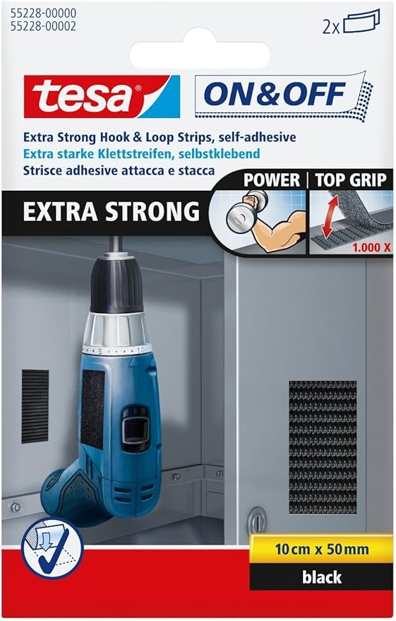 tesa UK On and Off Hook and Loop Extra Strong Strips for Heavy Objects 10 cm x 50 mm - Black