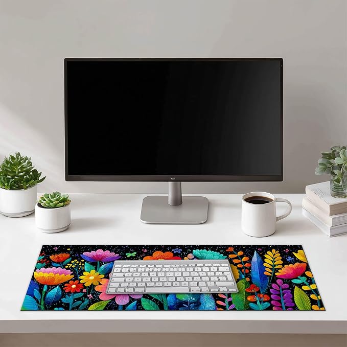 HOMETITUTE Large Mouse Pad 31.5 x 11.8 Inch Colorful Floral Desk Mat Extended Keyboard Mousepad Non Slip Waterproof Desk Pad Vibrant Flowers Design for Office Home Gaming