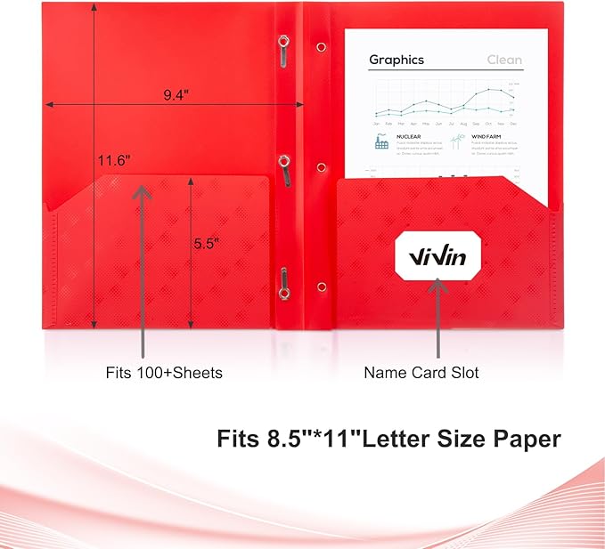 ViVin Plastic Folders with Pockets and Prongs,6 Pack,Heavy Duty 2-Pocket File Folder with 3 Fasteners,Fits Letter Size Paper,for School Home and Office(Bright Red)