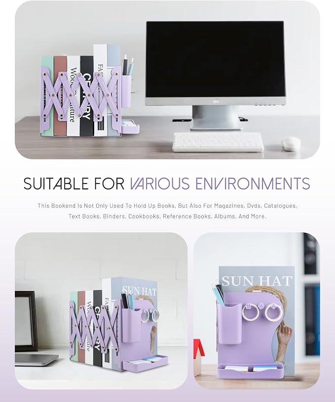 Heavy Duty Bookends Adjustable Book End, Desk Book Holder for Shelves, Book Organizer for Desk, Suitable for Office Home School (19.69 inches Max) (Purple)
