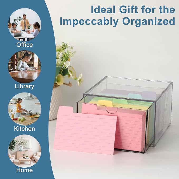 BTSKY Clear 3 x 5 Inch Index Card Storage Drawer Plastic Index Card Box for Office Desk Notecard Box Recipe Flashcards Holder , Recipe Notecard Storage Box Photo Holder Organizer