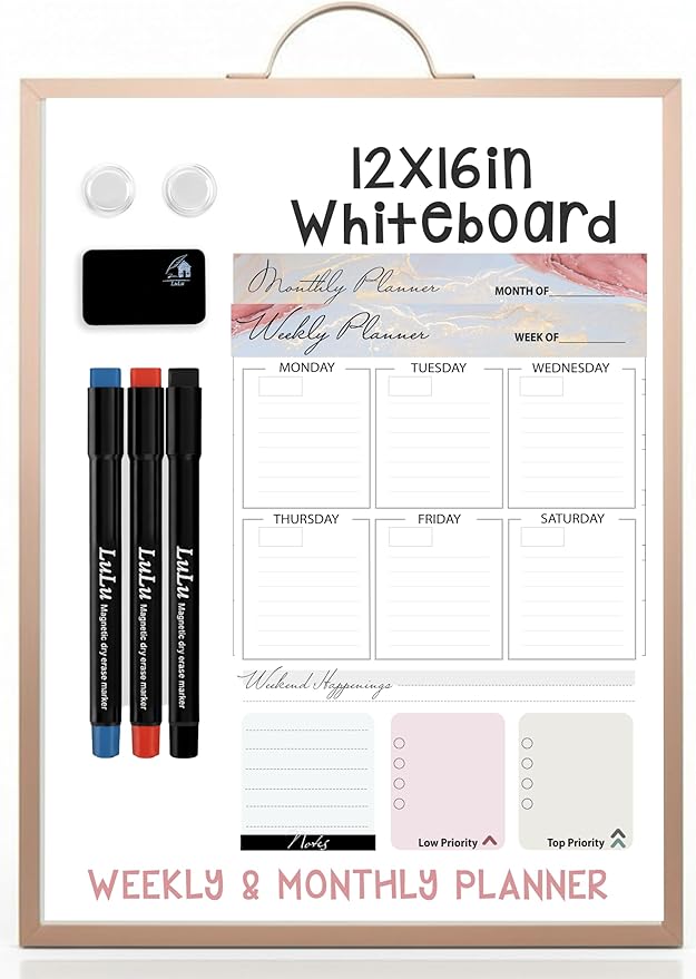 Rose Gold Magnetic Dry Erase Whiteboard 12 x 16 Double Sided, Portable Planner Board with Weekly Monthly Sheets, Write and Wipe to Do List Board, Includes 3 Markers Eraser 2 Magnets