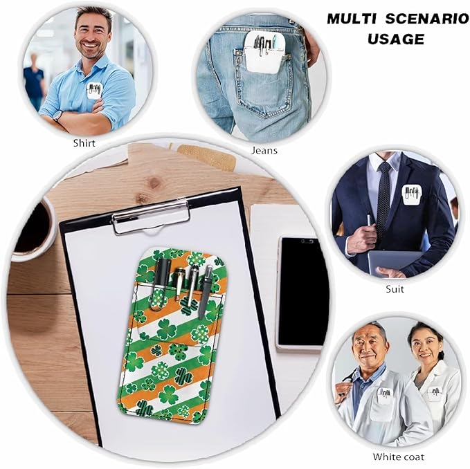chaqlin Pocket Protector, St. Patrick Stripes Print Leather Pen Holder Organizer for Men Women, Pencils, Tools and Cards, Pen Pocket Protector for Shirts, Lab Coats, Pants