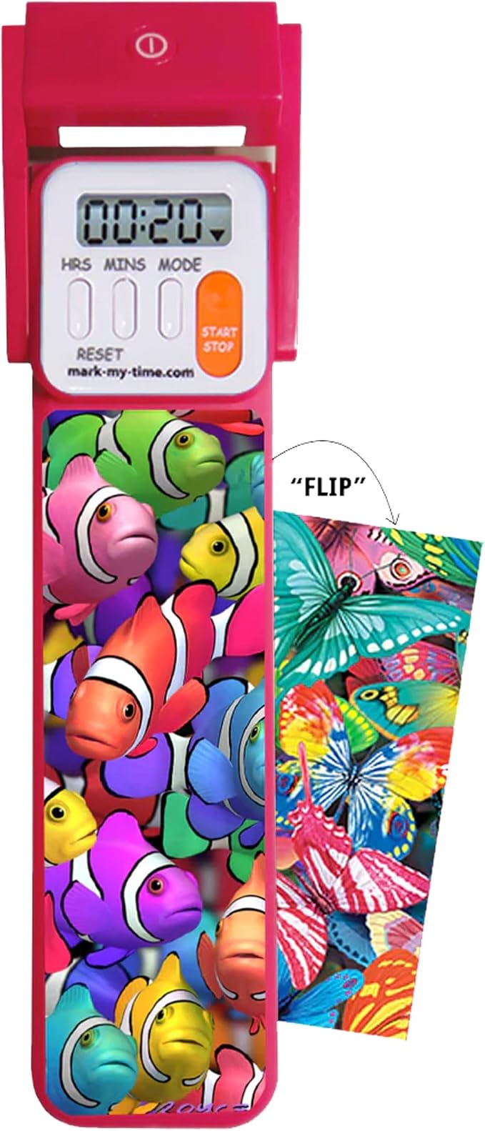 Mark-My-Time Digital Bookmark and LED Light - Timer for Kids with Book Light, Reading Incentives, Christmas Gift & Stocking Stuffer - 3D Flip Clownfish/Butterfly