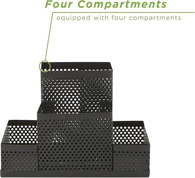 Mind Reader Desk Organizer [4-Compartment, 2-Piece Same Set] - Supplies and Accessories Storage Organizer for Office Desk with Pencil and Pen Cup and Paper Clip Holder (Black)