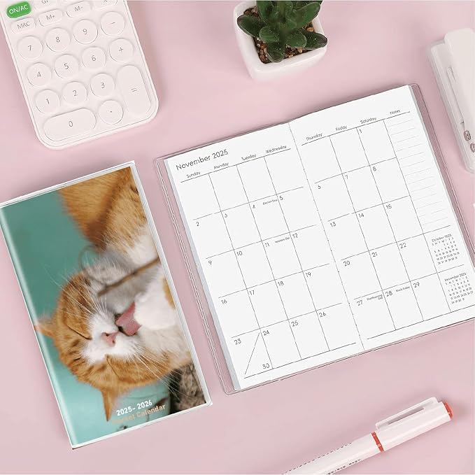 Pocket Calendar 2025-2026 Planner, Daily Weekly Monthly Planner Jan 2025 to Dec 2026 (3.7" x 6.7") Page Size, Daily Planner 2025 for Purse - Cute Cat