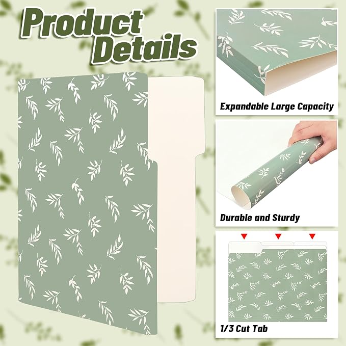 Whaline 24 Pack Sage Green File Folders Letter Size Botanical Leaves Plaid Striped Dots File Pockets with 1/3 Cut Tab for Home Office Classroom Supplies, 8.9 x 11.6 Inch