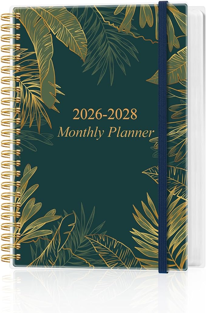 2026-2028 Monthly Planner, 3 Years Calendar from April 2026 - December 2028 with Spiral Binding, Inner Pocket, Elastic Closure, 33 Month Planner for Home | School | Office, 5.8" x 8.5", Green Gold Leaf