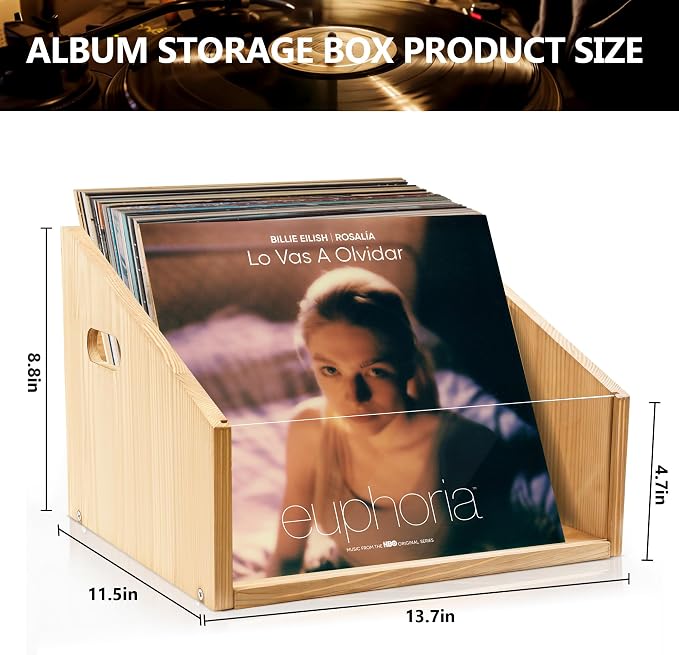 GRETJOB Vinyl Record Storage Crate - Wooden & Acrylic Record Storage Holds 70+ Records, Books, Files - Desktop & Home Office Storage with Handle (Nature wood color)