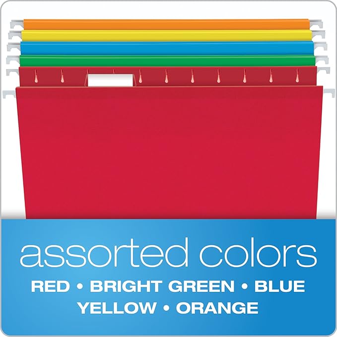 Pendaflex Hanging File Folders, 25 Pack, Letter Size (8.5" x 11"), Assorted Colors: Green, Blue, Red, Yellow, Orange, 5 Tab Positions, Reinforced, Includes Tabs and Inserts, Durable Hanging Files