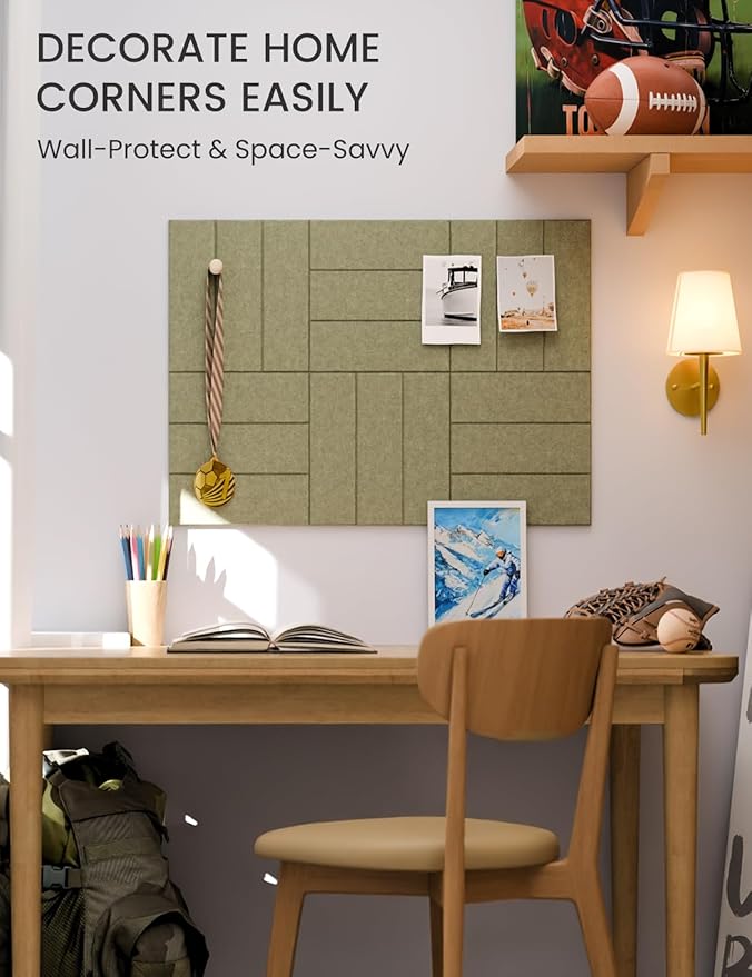 Fluxynara Felt Bulletin Board Tiles -28"x18" with 40 Adhesive Tabs, Cork Board Alternative for Office Decor, Push Pin Board Wall Organizer 6-Pack(Olive Green)