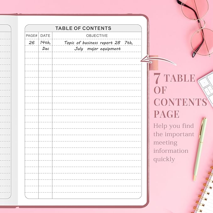 JUBTIC Meeting Notebook for Work with Sticky Tabs - Office & Business Project Planner for Notes Taking, Meeting Agenda/Minutes Organizer for Women Men, 160 Pages (A4 8.5”x11”) - Rose Gold