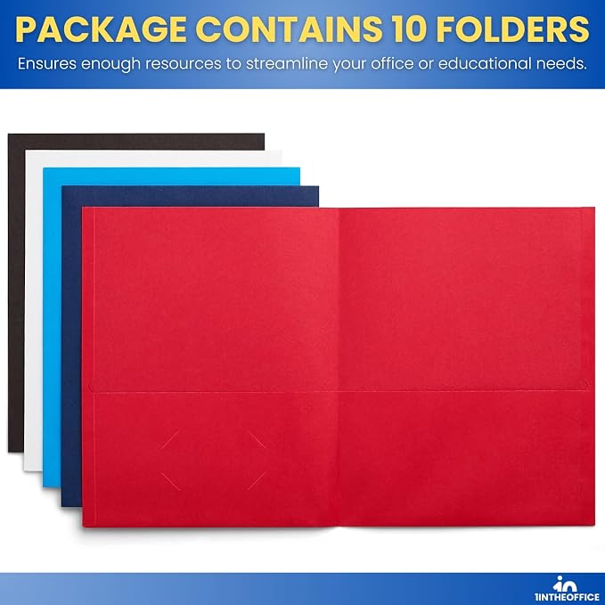 1InTheOffice 2 Pocket Folders, Two-Pocket Folder with Pockets, Presentation Folders, Letter Size, Assorted Colors, (10/Pack)