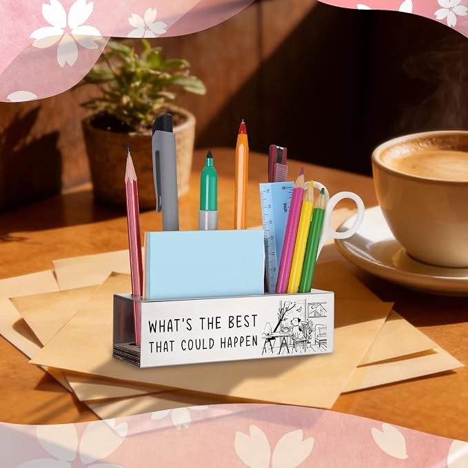 WINOESHE Stainless Steel Pencil Holder with What's The Best That Could Happen & Optimistic Dog Design, Positive Office Gift for Team Member, Uplifting Desk Organizer for Work Friend HUE25