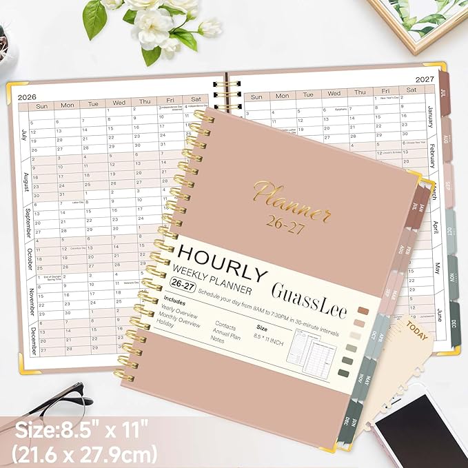 Large 2026-2027 Academic Planner, Weekly & Monthly Appointment Book from Jul. 2026 - Jun. 2027, Work & Life Daily Hourly Planner with Time Slots, A4 Agenda Organizer for School Office, Pink,8.5" x 11"