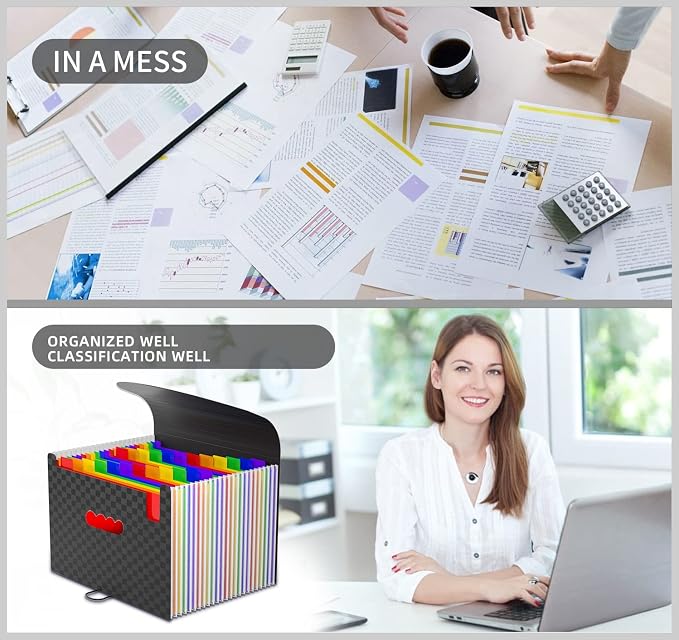 Expanding File Folders Accordion File Organizer with 24 Pockets,Accordian Document Folder Letter Size,Expandable Filing Box,Bill,Receipt and Paper Organizer Storage Boxes,Light-Duty,Portable Perfect