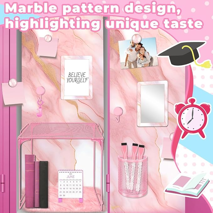 Pink Locker Accessories Kit Locker Organizer Magnetic Mirror Whiteboard Pen Holder Small Carpet for Storage Organizing Shelf Back to School Party Supply