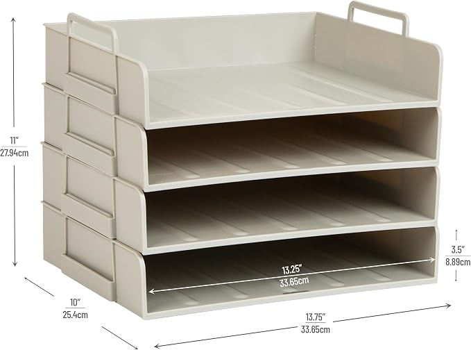 Mind Reader Stackable Paper Tray, Desktop Organizer, File Storage, Office, Plastic, 13.75" L x 10" W x 10.75" H, 4 Pcs., Beige
