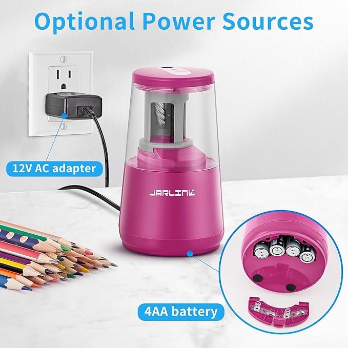 JARLINK Electric Pencil Sharpener, Heavy-Duty Helical Blade to Fast Sharpen, Auto Stop for No.2/Colored Pencils(6-8mm), AC Adapter/Battery Operated in School Classroom/Office/Home (Pink)