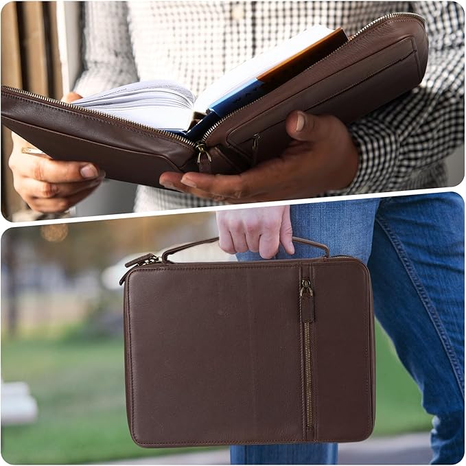 Top Grain Buffalo Leather Bible Cover Christmas Real Leather Bible Book Cover with Handle, Pocket, Zipper, Book Protective Holder Christian Religious Carrying Case Organizer Portfolio