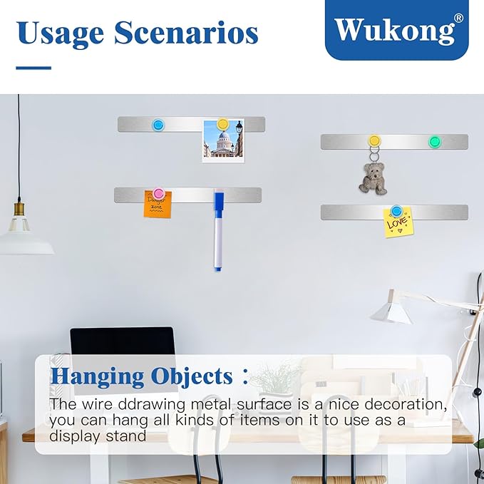 Wukong 10 Pack | 30x3cm(11.81 x 1.18) Magnetic Stainless Silver Boards Strips, Adhesive Backing Bulletin Bar Board, Memo Board with 32Pcs Colorful Magnets for Office, Home, Photo Wall, Documents