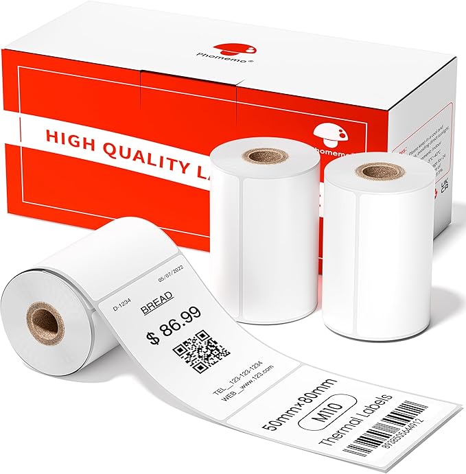 Phomemo Labels - Phomemo M110 Labels for M220/ M100/ M250/ M102/M221/M200/M108 Label Maker, 1.97"x3.15"(50x80mm), M110 Thermal Label 3Rolls, Sticker 100 Labels/Roll, Square, Black on White