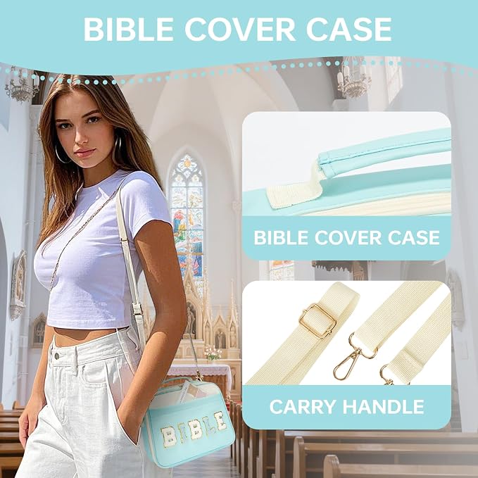 Bible Cover Case for Women Bible Study Supplies Bible Journaling Kit Large Preppy Chenille Letter Bible Tote Bag Carrying Case Christian Gifts for Girls (Blue, Large)