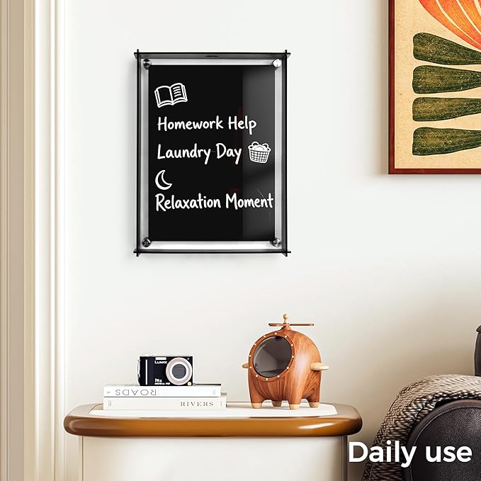 TOWON 9x12 Inch Black Acrylic Dry Erase Board & Photo Frame, Wall Mount Writing Remind Board with Slide-Lock Design for Home Office, Kitchen and Dorm Décor | 4 Dual-Tip Markers and Double-Sided Eraser