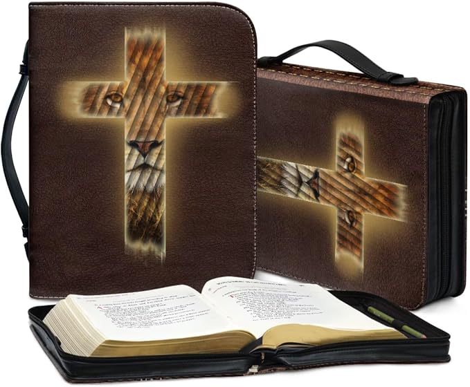Vintage Religious Cross and Lion Bible Case with Bookmark Waterproof Bible Cover Case for Women Lightweight Bible Bag with Handle Pockets Church Book Bag Brown