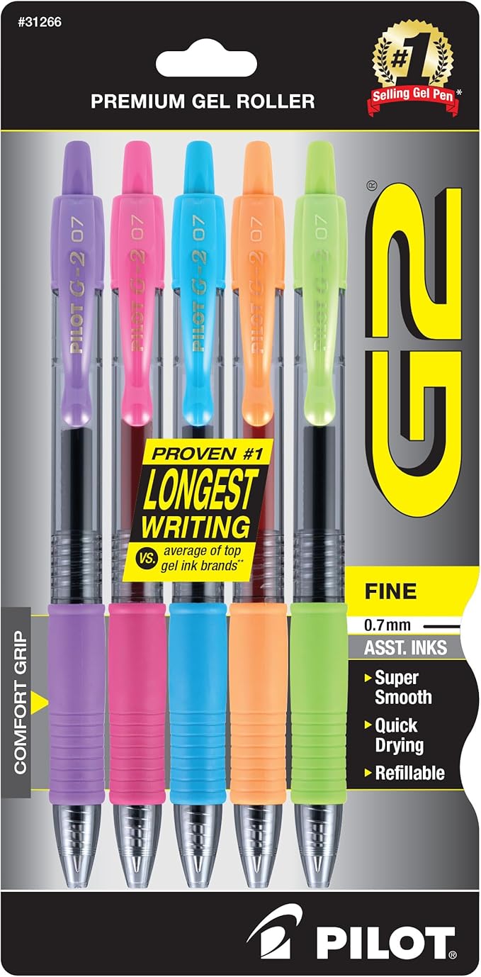 Pilot G2 Premium Gel Pens, Gel Roller Pens, Fine Point 0.7 mm Assorted Colors 5