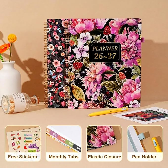 Planner 2026-2027 Weekly and Monthly 18 Month Daily Calendar Planners July 2026-Dec 2027 8.5 x 11 Yearly Hardcover Large Agenda with Stickers& Tabs for Women- Pink