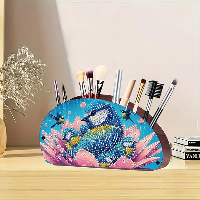 Remote Control Holder with 4 Compartments, DIY Diamond Art Painting Wooden Half Moon TV Control Holder for Remote Controllers, Office Supplies, Makeup Brush, Media Accessories-Bird-1