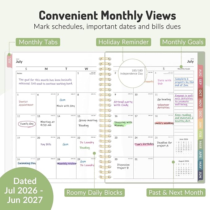 Forvencer Planner 2026-2027, July 2026 - June 2027, 6.3" x 8.4" Academic Planner Monthly and Weekly Calendar Planner with Spiral Bound, Month Tabs, Flexible Cover for School Office (A5, Pink)