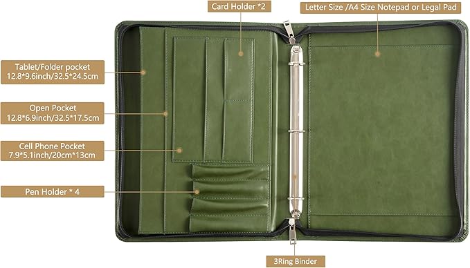 AZXCG Leather Binder Portfolio, Zippered 3 Ring Binder Padfolio, Vegan Leather Resume Portfolio, Business Document Organizer Folder for A4 Legal Pads, Gift for Women/Men, Green