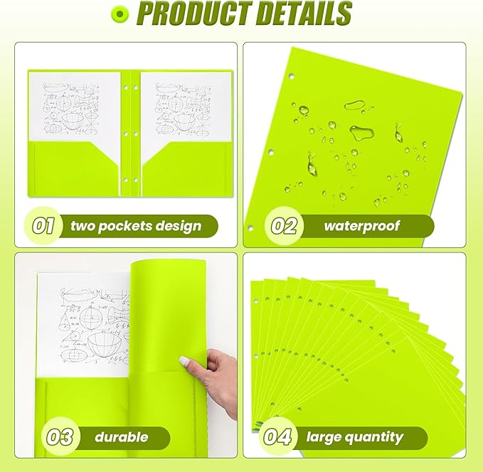 Yeaqee 100 Pcs Plastic Folders with Pockets Bulk 3 Hole Punched 2 Pocket File Folders for 3 Ring Binder Divider Folder for Notebooks, Durable Poly for Office Home (Fluorescent Green)