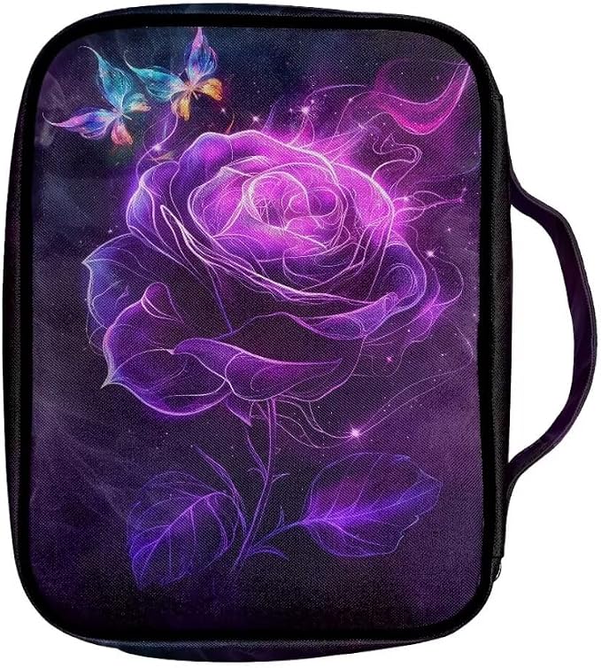 Coldinair Purple Rose Bible Cover Case for Women,Carrying Book Cover Bible Holders with Handle and Zippered Pocket,Fits for Standard/Large Size Bible