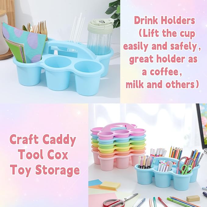 6 Pack Classroom Caddy Organizer with Handle Pastel Plastic Table Caddy Drink Cup Caddies Holder 12x9x3.5 Inches Storage School Supplies 6 Compartments for Table Crayon Pencil Cup Marker Craft