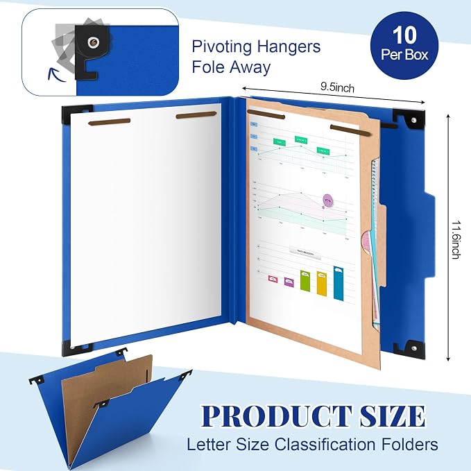 Henoyso 10 Pack Hanging Classification Folders, 1 Pocket Divider, Letter Size, 4 Fasteners, 2" Expansion, 1/3 Tab Cut, Recycled Pressboard Manila File Folder Bulk Organizers for School Office Medical