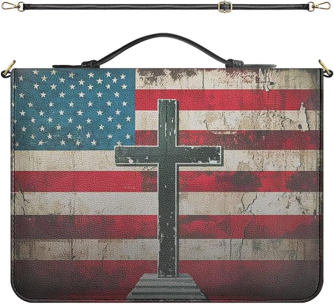 PU Leather Bible Covers for Men, Large Bible Bag with Strap and Handle, God Bless America Vintage Print Biblia Protecto with Inner Pockets and Pen Loop, Christian Gifts for Men