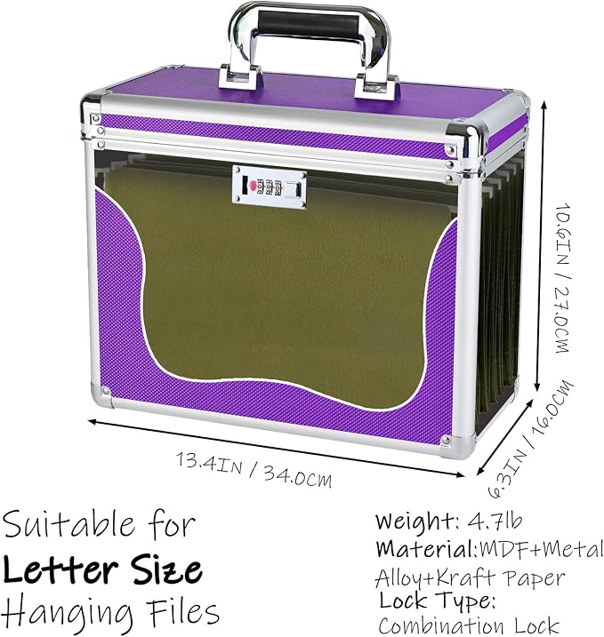 File Storage Cabinet for Letter Size Hanging File Folders, Suspension File Holder, Document Organizer Filing Lockbox in Office and Home with Combination Lock and 10-pack Hanging Files (Purple, Letter)