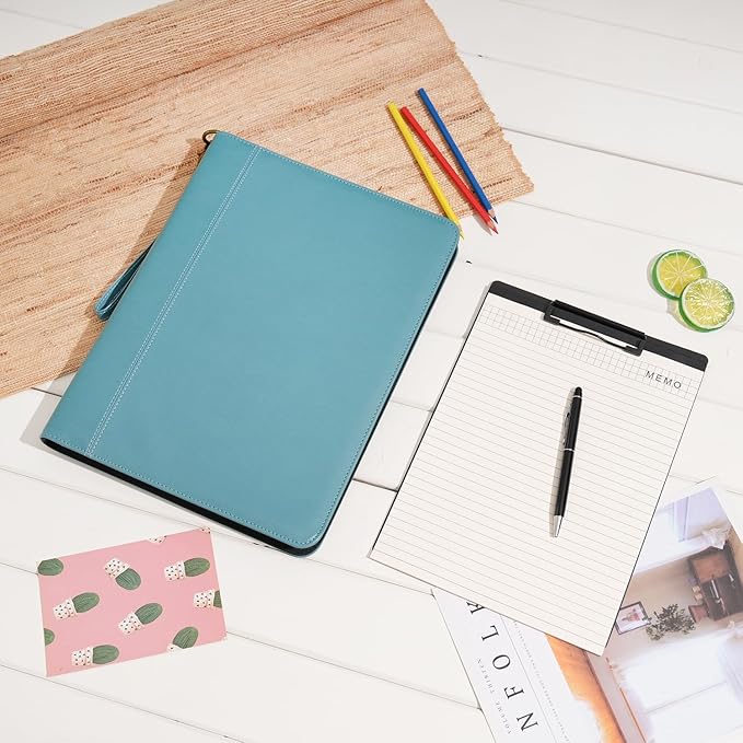 Wason A4 Portfolio with Zipper - Leather PU Padfolio with Detachable Ring Binder and Writing Notepad Holder, Conference File Multi-Pockets Organizer for Office Travel School (Cyan)